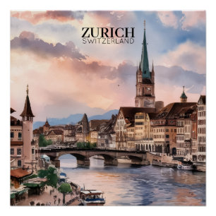 Watercolor schilderij van Zürich Zwitserland Perfect Poster