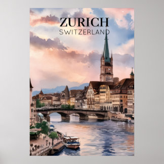 Watercolor schilderij van Zürich Zwitserland Poster
