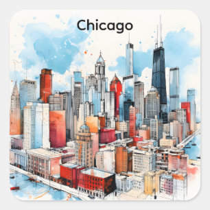 Watercolor Schildering Chicago Skyline Stadsgezich Vierkante Sticker