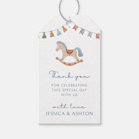 Watercolor Schommelpaard, Babyfeestje Cadeaulabel (Voorkant)