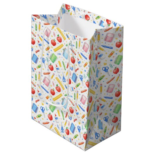 Watercolor Schoolspullen Patroon Medium Cadeauzakje (Voorkant Gekanteld)