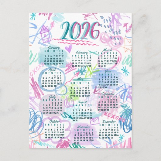 Watercolor scribbles calendar  briefkaart (Voorkant)