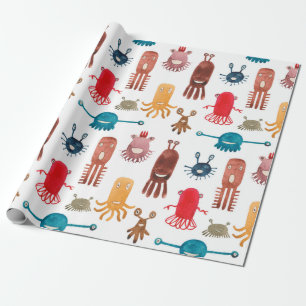 Watercolor seamless pattern of funny monsters and cadeaupapier