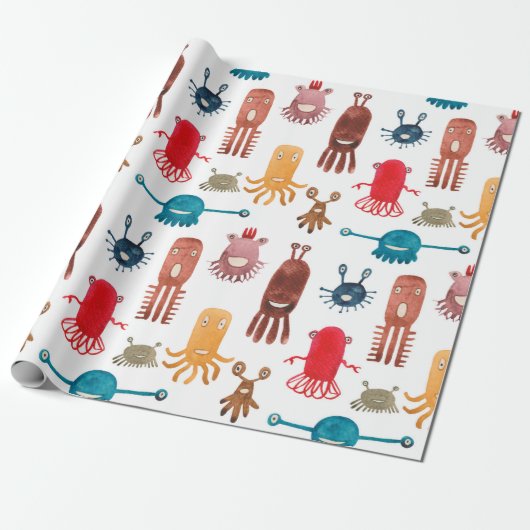 Watercolor seamless pattern of funny monsters and cadeaupapier (Uitgerold)
