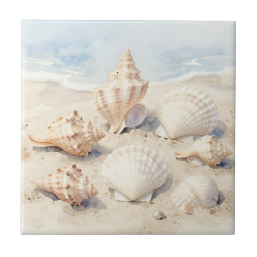 Watercolor Seashells Beach Scene Tegeltje (Voorkant)