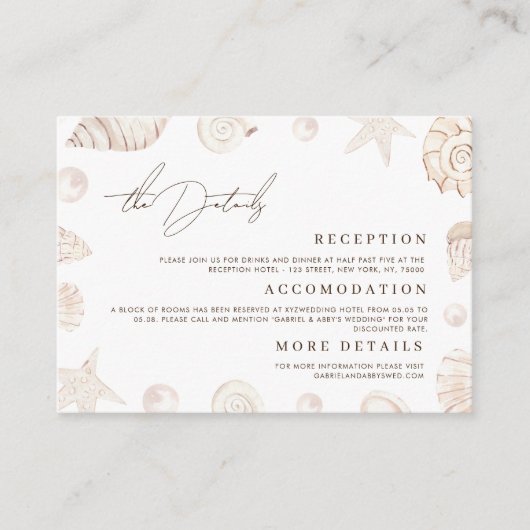Watercolor Seashells Nautical Wedding Details Informatiekaartje (Voorkant)