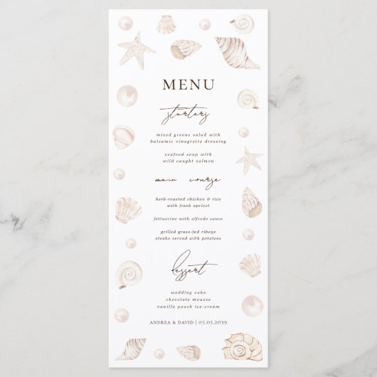 Watercolor Seashells Pearls Beach Nautical Wedding Menu (Voorkant)