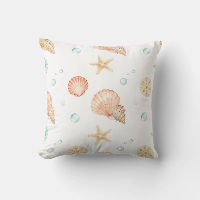 Watercolor Seashells Pearls Coastal Pattern Kussen (Voorkant)