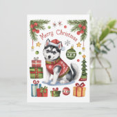 Watercolor Siberische Husky Kerstkaart (Staand voorkant)