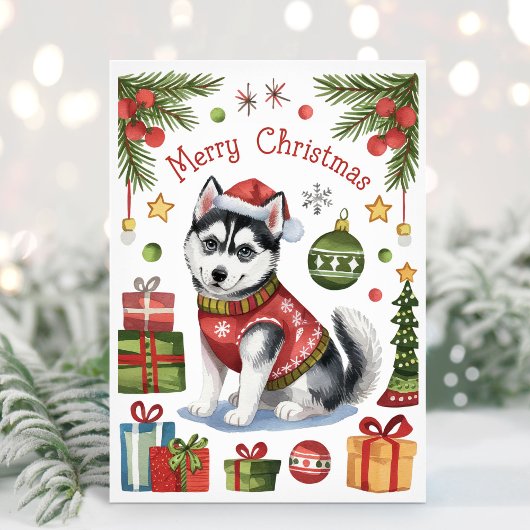 Watercolor Siberische Husky Kerstkaart