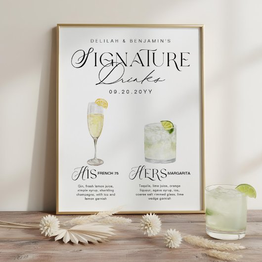 Watercolor Signature Drink Wedding Bar Sign Poster