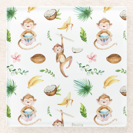 Watercolor Silly Monkeys Glazen Onderzetter (Voorkant)