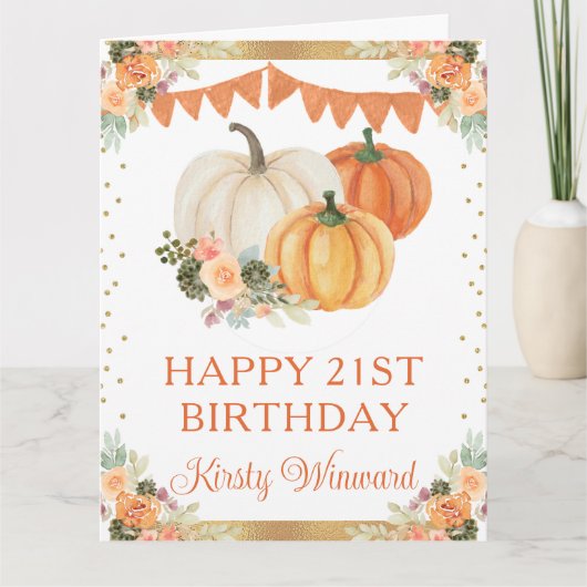 Watercolor Sinaasappel Bloemige Pompoenen Verjaard Kaart (Voorkant)