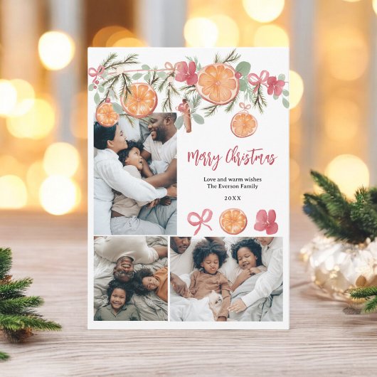 Watercolor Sinaasappels en Bloemen 5 Foto Kerstmis Feestdagenkaart