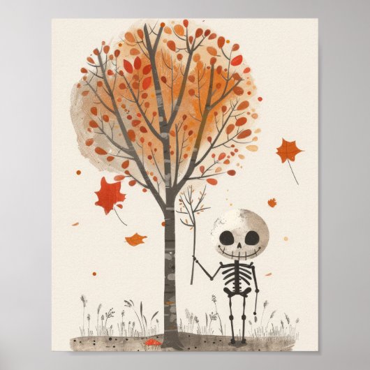 Watercolor Skelet Herfstbladeren Cute Halloween Poster (Voorkant)