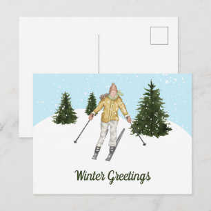 Watercolor Skiënde Vrouw En Bomen Wintergroeten Briefkaart