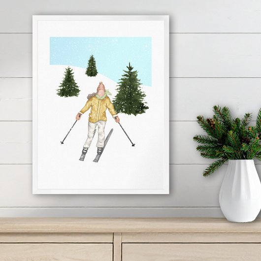 Watercolor Skier And Slopes With Fir Trees Winter Poster