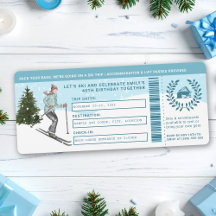 Watercolor Skier Faux Ski Trip Ticket Birthday