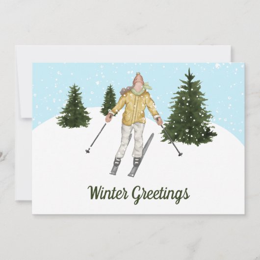Watercolor Skiing Woman Custom Winter Greetings Feestdagenkaart (Voorkant)