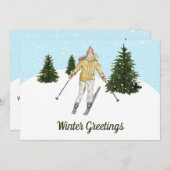 Watercolor Skiing Woman Custom Winter Greetings Feestdagenkaart (Voorkant / Achterkant)