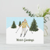Watercolor Skiing Woman Custom Winter Greetings Feestdagenkaart (Staand voorkant)