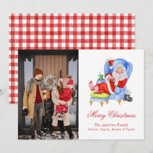 Watercolor Slaande Kerstman Gingham Kerst Foto Feestdagenkaart