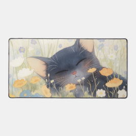 Watercolor Slaande Zwarte Kat Pastel Wilde Bloem Bureaumat