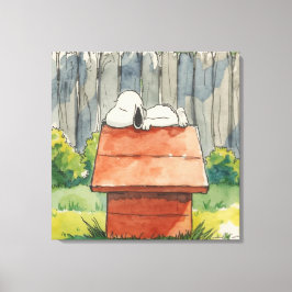 Watercolor slapende hond op rode hondenhok kunst canvas afdruk