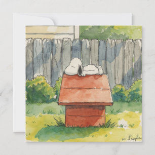 Watercolor slapende hond op rode hondenhok kunst feestdagenkaart