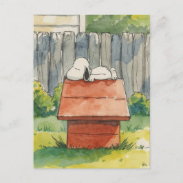 Watercolor slapende hond op rode hondenhok kunst feestdagenkaart