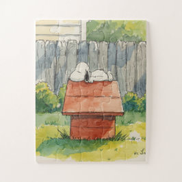 Watercolor slapende hond op rode hondenhok kunst legpuzzel