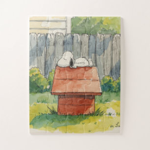 Watercolor slapende hond op rode hondenhok kunst legpuzzel