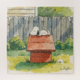 Watercolor slapende hond op rode hondenhok kunst legpuzzel