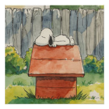 Watercolor slapende hond op rode hondenhok kunst