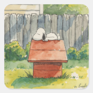Watercolor slapende hond op rode hondenhok kunst vierkante sticker