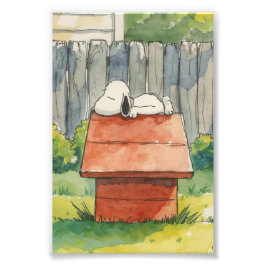 Watercolor Sleeping Dog on Red Doghouse Art Foto Afdruk