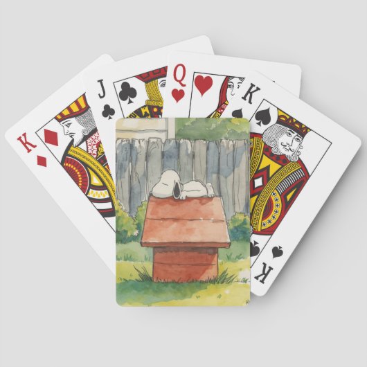 Watercolor Sleeping Dog on Red Doghouse Art Pokerkaarten (Achterkant)