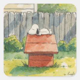 Watercolor Sleeping Dog on Red Doghouse Art Vierkante Sticker