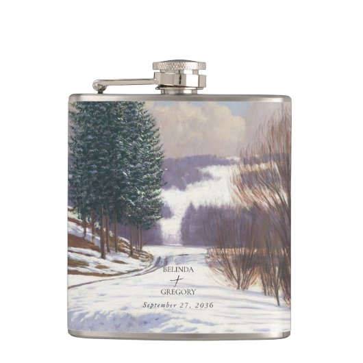 Watercolor Sneeuw Landschap Bruiloft Heupfles (Voorkant)