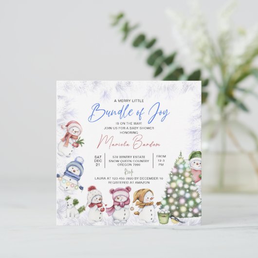 Watercolor Sneeuwman Prettig Kerstmis Baby Uitnodi Kaart (Staand voorkant)