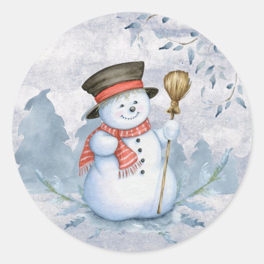 Watercolor Sneeuwman Winter Sneeuw Modern Kerstmis Ronde Sticker (Voorkant)