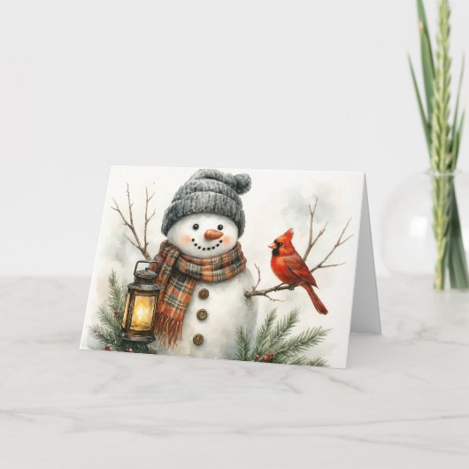 Watercolor Snowman Christmas Card – Lantern & Card Kaart (Voorkant)
