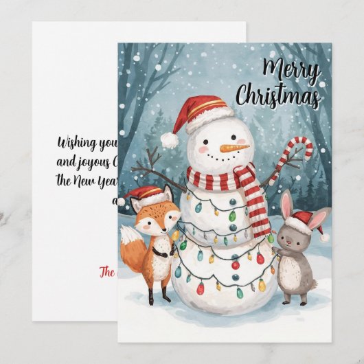 Watercolor Snowman Fox Bunny Woodland Christmas Feestdagenkaart (Voorkant / Achterkant)