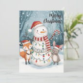 Watercolor Snowman Fox Bunny Woodland Christmas Feestdagenkaart (Staand voorkant)