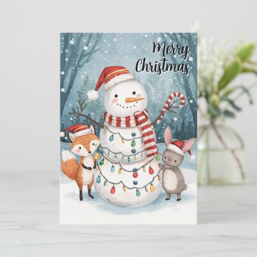 Watercolor Snowman Fox Bunny Woodland Christmas Feestdagenkaart (Staand voorkant)