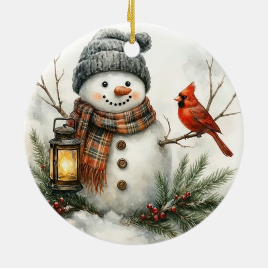 Watercolor Snowman – Lantern & Cardinal Keramisch Ornament (Achterkant)