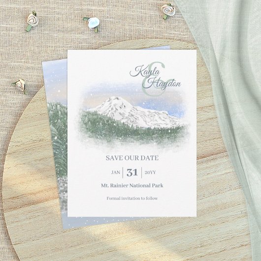 Watercolor, Snowy Mountain, Winter Wedding Kaart