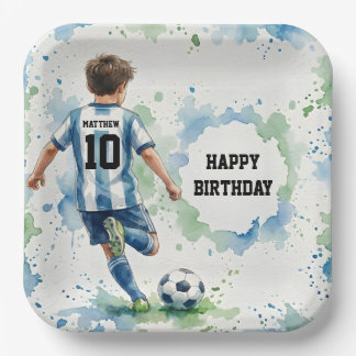 Watercolor Soccer Boy Birthday Blue Papieren Bordje