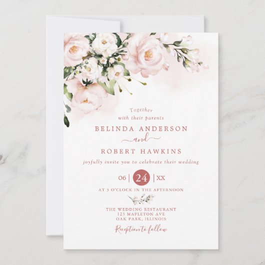Watercolor soft blush pink floral Wedding Kaart (Voorkant)