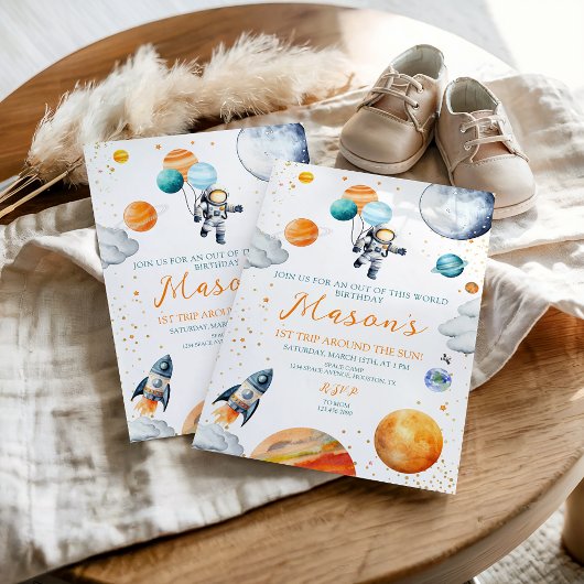 Watercolor Space Astronaut 1st Birthday Kaart